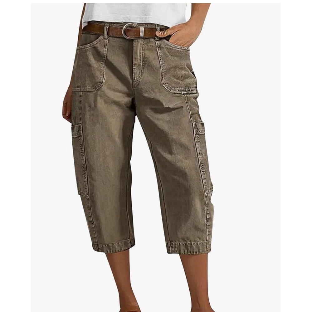 Flamingals Straight Leg Capri Pants Size S Mocha Barrel Leg Cargo Chino Ankle